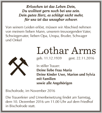 Traueranzeige von Lothar Arms von Wochenspiegel Mansfelder Land