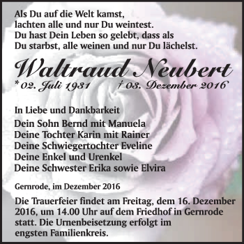 Traueranzeige von Waltraud Neubert von WVG - Wochenspiegel Quedlinburg