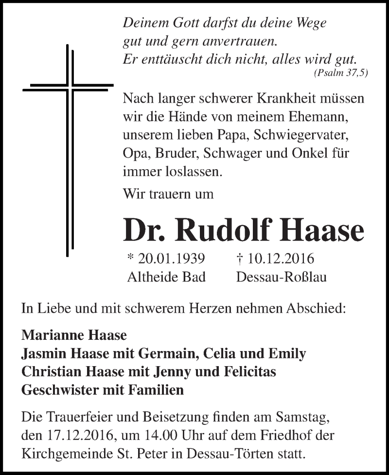  Traueranzeige für Rudolf Haase vom 17.12.2016 aus WVG - Wochenspiegel Dessau / Köthen