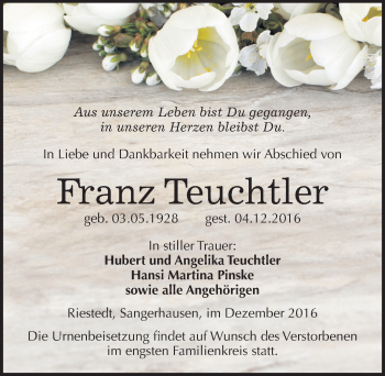 Traueranzeige von Franz Teuchtler von Mitteldeutsche Zeitung Sangerhausen