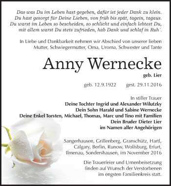 Traueranzeige von Anny Wernecke von Mitteldeutsche Zeitung Sangerhausen