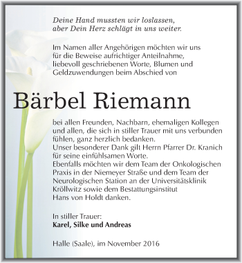 Traueranzeige von Bärbel Riemann von Mitteldeutsche Zeitung Halle/Saalkreis