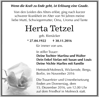 Traueranzeige von Herta Tetzel von Mitteldeutsche Zeitung Mansfelder Land