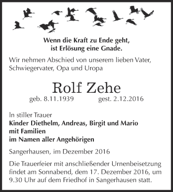 Traueranzeige von Rolf Zehe von Super Sonntag SGH Mansf. Land