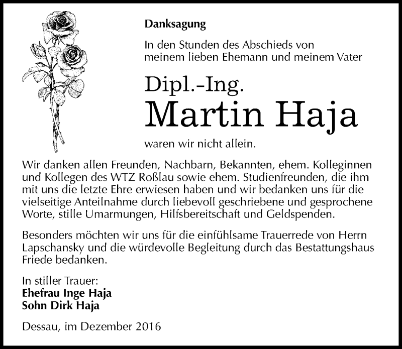  Traueranzeige für Martin Haja vom 24.12.2016 aus Mitteldeutsche Zeitung Dessau-Roßlau