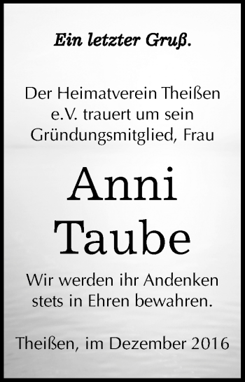 Traueranzeige von Anni Taube von Mitteldeutsche Zeitung Zeitz
