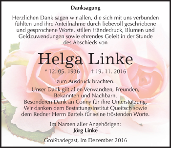 Traueranzeige von Helga Linke von Mitteldeutsche Zeitung Köthen