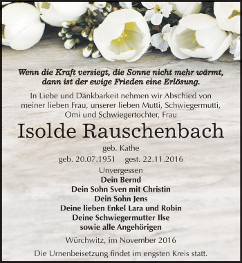 Traueranzeige von Isolde Rauschenbach von Mitteldeutsche Zeitung Zeitz