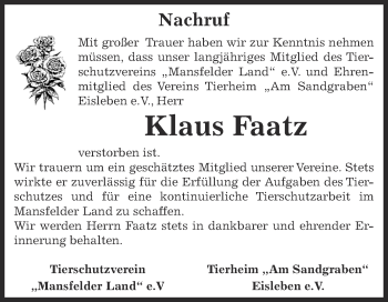 Traueranzeige von Klaus Faatz von Wochenspiegel Mansfelder Land