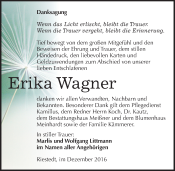 Traueranzeige von Erika Wagner von Mitteldeutsche Zeitung Sangerhausen
