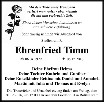 Traueranzeige von Ehrenfried Timm von Mitteldeutsche Zeitung Dessau-Roßlau