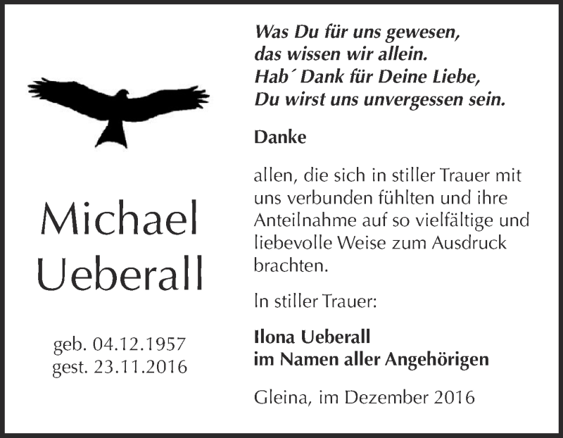  Traueranzeige für Michael Ueberall vom 14.12.2016 aus WVG - Wochenspiegel NMB / WSF / ZTZ