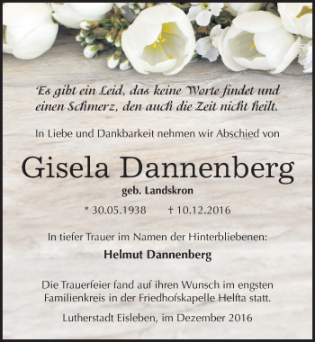 Traueranzeige von Gisela Dannenberg von Mitteldeutsche Zeitung Mansfelder Land