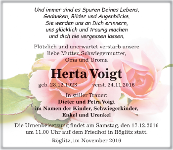 Traueranzeige von Herta Voigt von Mitteldeutsche Zeitung Merseburg/Querfurt
