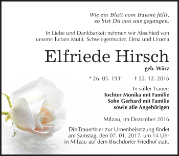 Traueranzeige von Elfriede Hirsch von Mitteldeutsche Zeitung Merseburg/Querfurt