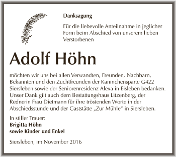 Traueranzeige von Adolf Höhn von Super Sonntag SGH Mansf. Land