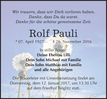 Traueranzeige von Rolf Pauli von Mitteldeutsche Zeitung Zeitz