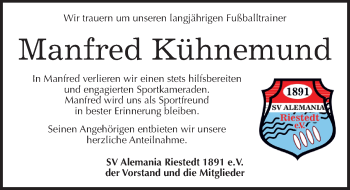 Traueranzeige von Manfred Kühnemund von Mitteldeutsche Zeitung Sangerhausen