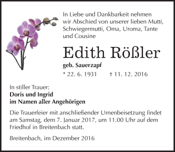 Traueranzeige von Edith Rößler von Mitteldeutsche Zeitung Sangerhausen