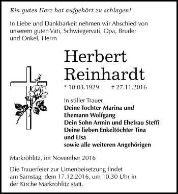 Traueranzeige von Herbert Reinhardt von Mitteldeutsche Zeitung Weißenfels