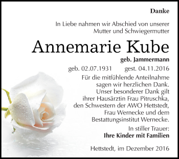 Traueranzeige von Annemarie Kube von Wochenspiegel Mansfelder Land