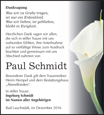Traueranzeige von Paul Schmidt von WVG - Wochenspiegel Merseburg