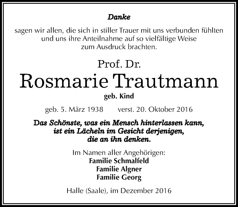  Traueranzeige für Rosmarie Trautmann vom 03.12.2016 aus Mitteldeutsche Zeitung Halle/Saalkreis