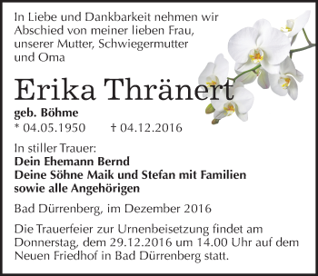 Traueranzeige von Erika Thränert von Mitteldeutsche Zeitung Merseburg/Querfurt