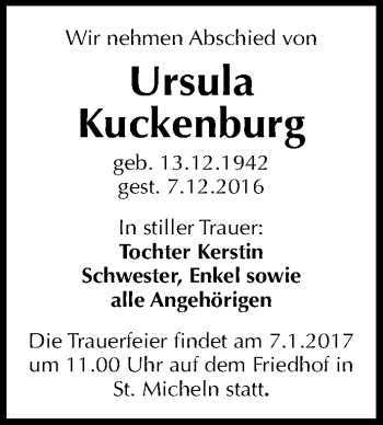 Traueranzeige von Ursula Kuckenburg von Mitteldeutsche Zeitung Merseburg/Querfurt