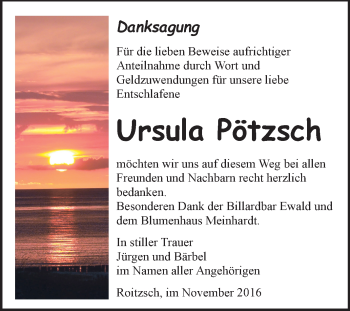 Traueranzeige von Ursula Pötzsch von WVG - Wochenspiegel Bitterfeld