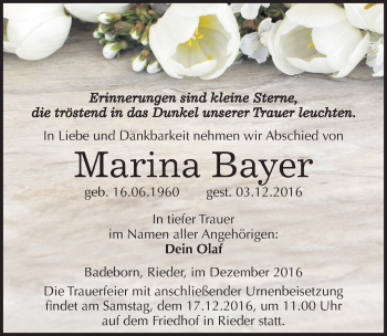 Traueranzeige von Marina Bayer von Mitteldeutsche Zeitung Quedlinburg