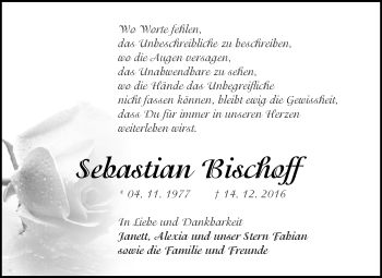 Traueranzeige von Sebastian Bischoff von Super Sonntag SGH Mansf. Land