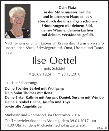 Traueranzeige von Ilse Oettel von Mitteldeutsche Zeitung Zeitz