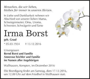Traueranzeige von Irma Borst von Mitteldeutsche Zeitung Sangerhausen