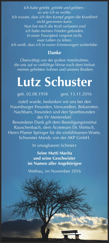 Traueranzeige von Lutz Schuster von WVG - Wochenspiegel NMB / WSF / ZTZ