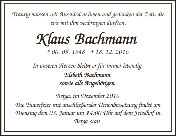 Traueranzeige von Klaus Bachmann von WVG - Wochenspiegel SGH