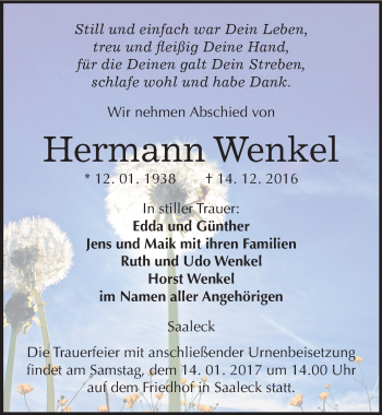 Traueranzeige von Hermann Wenkel von Mitteldeutsche Zeitung Naumburg/Nebra