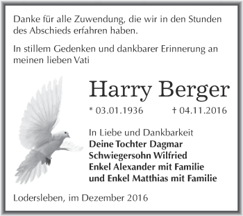 Traueranzeige von Harry Berger von WVG - Wochenspiegel Merseburg