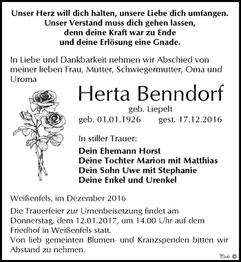 Traueranzeige von Herta Benndorf von Mitteldeutsche Zeitung Weißenfels
