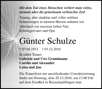 Traueranzeige von Günter Schulze von Mitteldeutsche Zeitung Bernburg