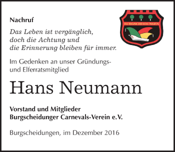Traueranzeige von Hans Neumann von Mitteldeutsche Zeitung Naumburg/Nebra