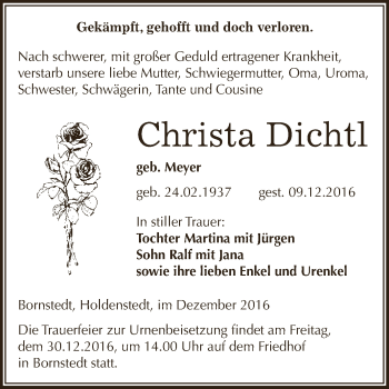Traueranzeige von Christa Dichtl von Super Sonntag SGH Mansf. Land