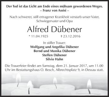Traueranzeige von Alfred Dübener von WVG - Wochenspiegel Dessau / Köthen