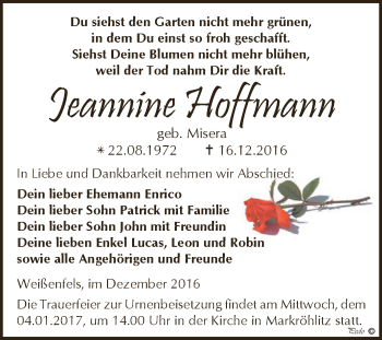 Traueranzeige von Jeannine Hoffmann von WVG - Wochenspiegel NMB / WSF / ZTZ