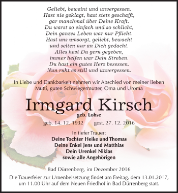 Traueranzeige von Irmgard Kirsch von Mitteldeutsche Zeitung Merseburg/Querfurt