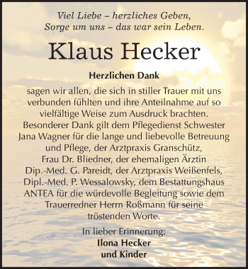 Traueranzeige von Klaus Hecker von Mitteldeutsche Zeitung Weißenfels
