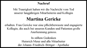 Traueranzeige von Martina Gericke von WVG - Wochenspiegel Wittenberg