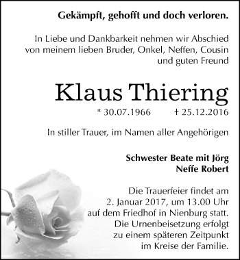 Traueranzeige von Klaus Thiering von Mitteldeutsche Zeitung Bernburg