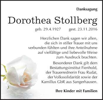 Traueranzeige von Dorothea Stollberg von Mitteldeutsche Zeitung Sangerhausen