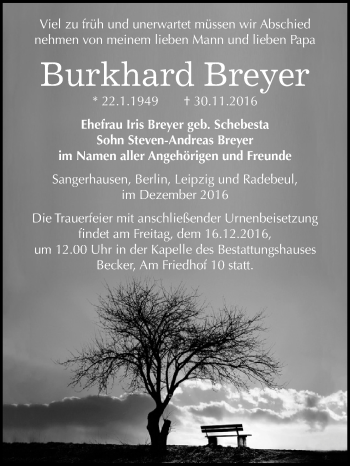 Traueranzeige von Burkhard Breyer von WVG - Wochenspiegel SGH